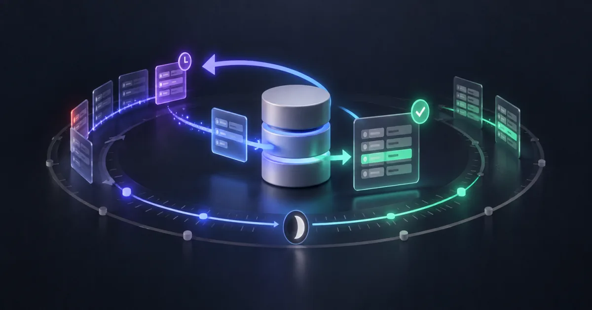 A database on a nightly timeline loops back to reread earlier records, then outputs a table with one row fixed and checked.